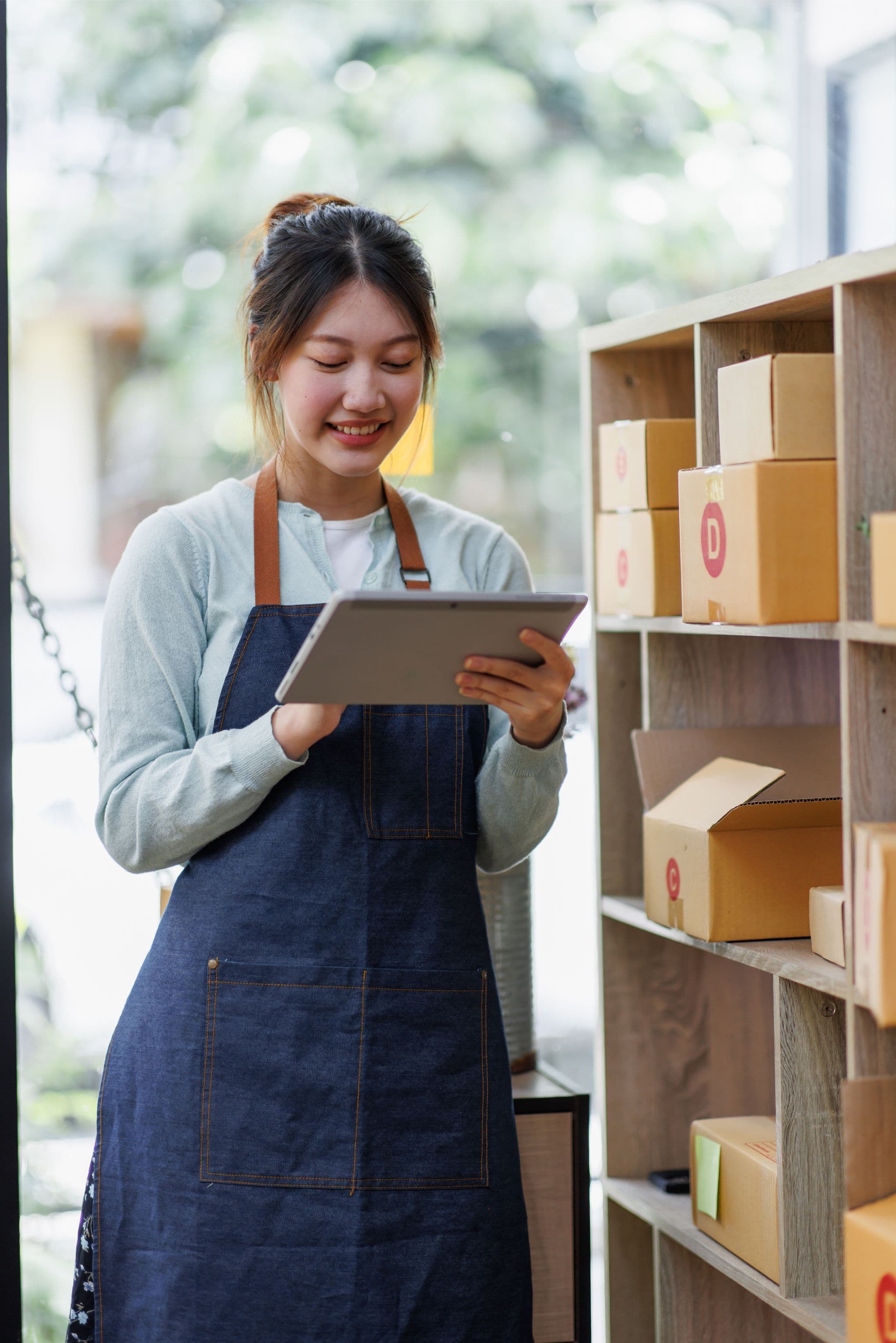 Woman using a tablet next to a shelf of packages