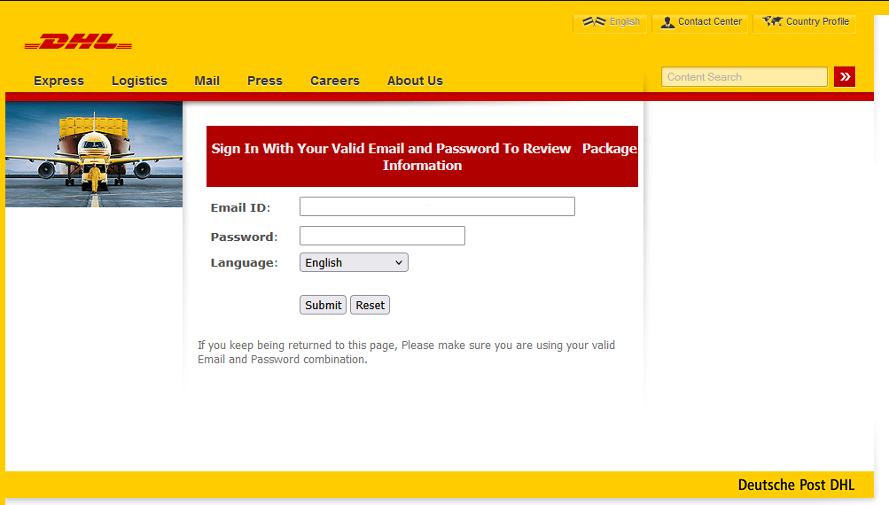 Página falsa que imita un inicio de sesión de DHL solicitando correo, contraseña y selección de idioma.