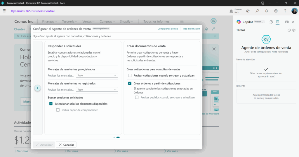 Pantalla de configuración del Agente de órdenes de venta en Dynamics 365 Business Central, mostrando opciones para responder solicitudes y crear documentos de venta.