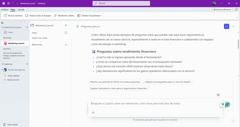 List of key questions for assessing financial performance during a service launch, shown in OneNote.