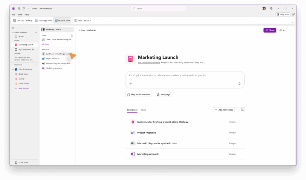 Screenshot of Microsoft Teams showing the “Marketing Launch” channel with Copilot integration for managing references and collaborating on documents.