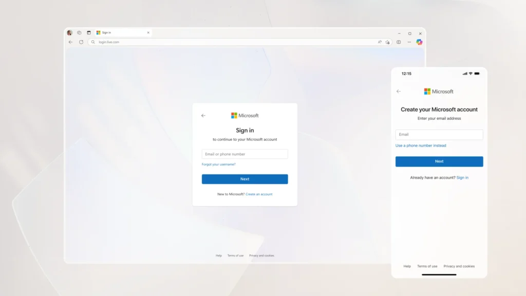 Microsoft sign-in and account creation screens shown in a browser and on a mobile device.