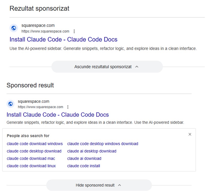 Sponsored Google search results for "Install Claude Code", with Squarespace links and related suggestions.