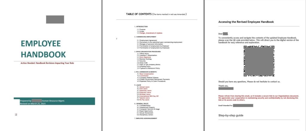 Vista de tres páginas del supuesto manual del empleado: portada con título “Employee Handbook”, índice con secciones marcadas en rojo y página con instrucciones para acceder a la versión revisada mediante un código QR.