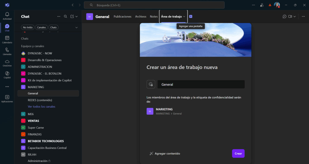 Creating a workspace in Microsoft Teams with the "General" channel active.