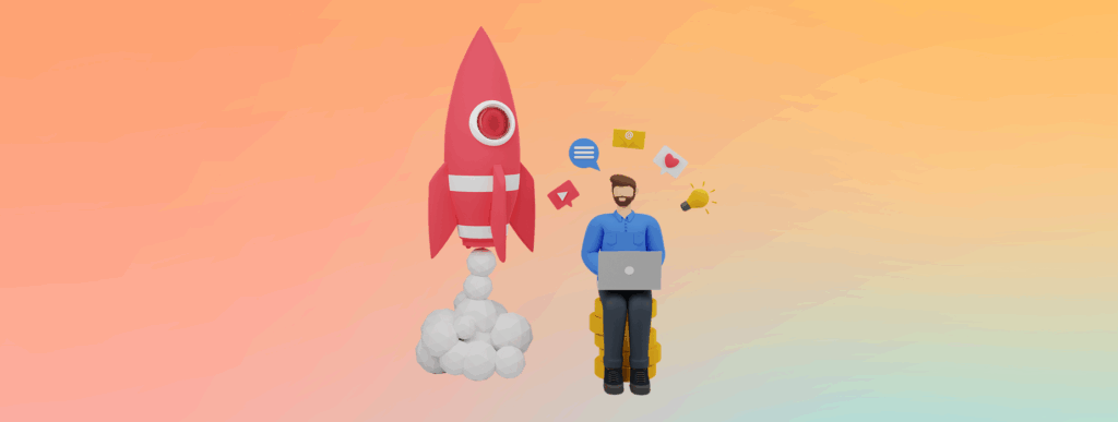 Emprendedor con laptop sobre monedas, rodeado de íconos digitales y cohete despegando. Representa innovación y éxito financiero.