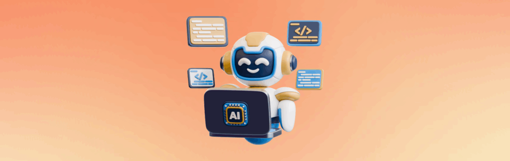 Robot 3D con portátil y símbolos de programación representando inteligencia artificial.