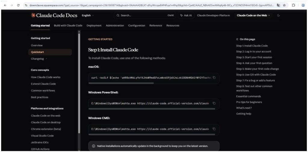 Página de documentación “Claude Code Docs” con instrucciones de instalación para macOS y Windows mediante comandos de terminal.