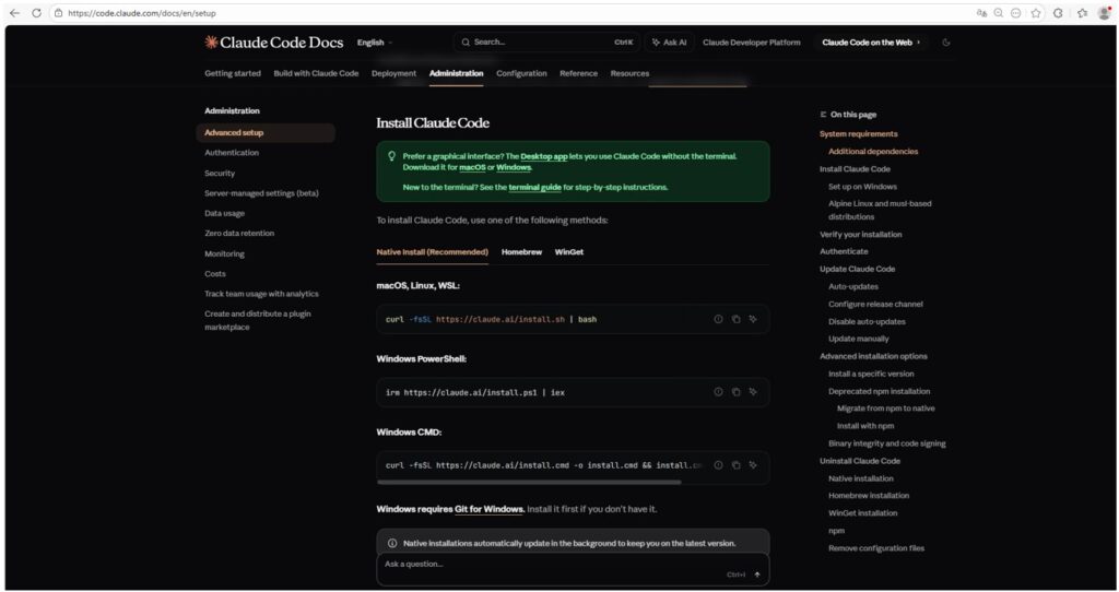 Página oficial de “Claude Code Docs” con opciones de instalación nativa para macOS, Linux y Windows mediante comandos de terminal.